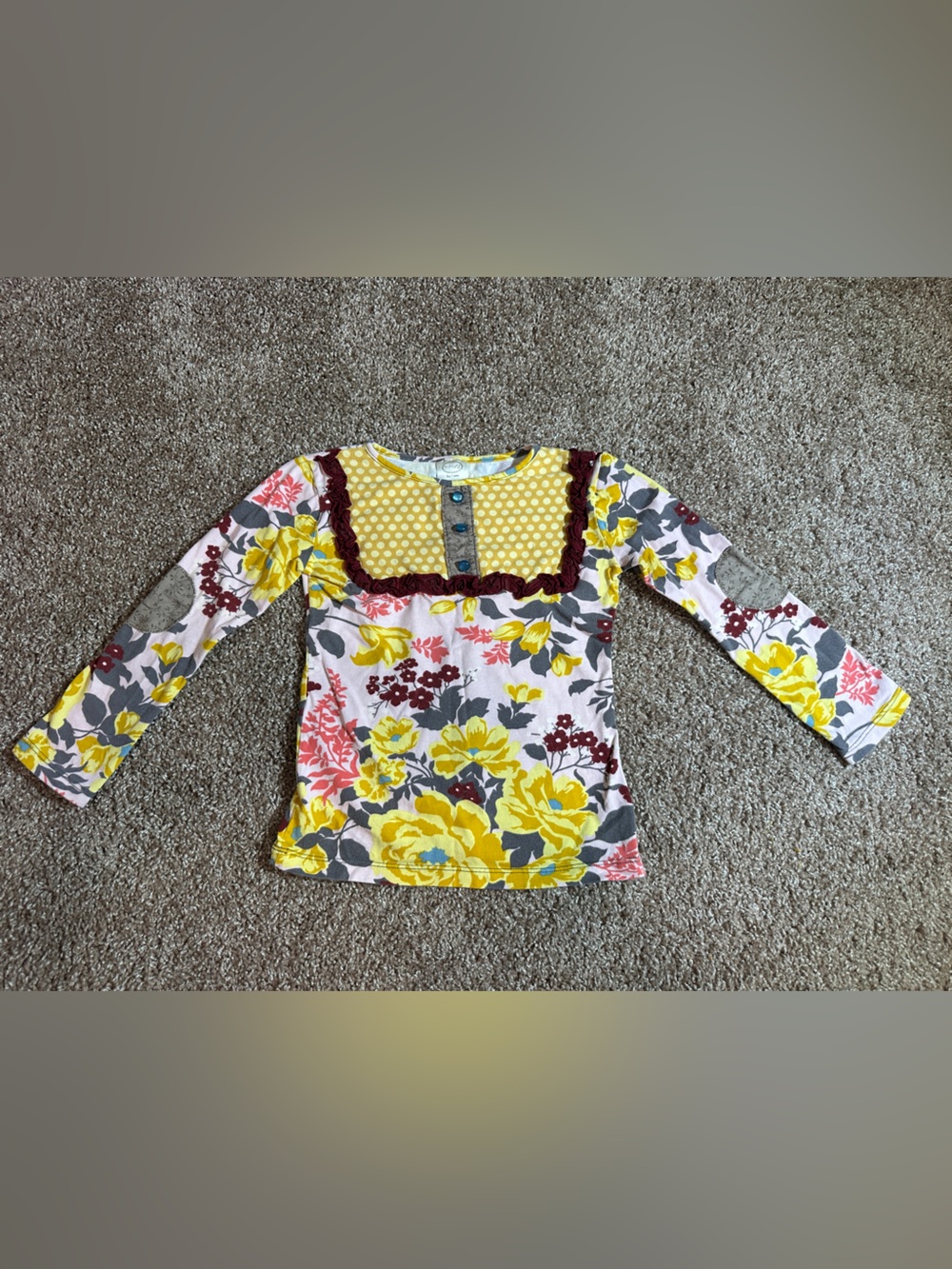 Persnickety Yellow Floral Long Sleeve Top with Burgundy Trim